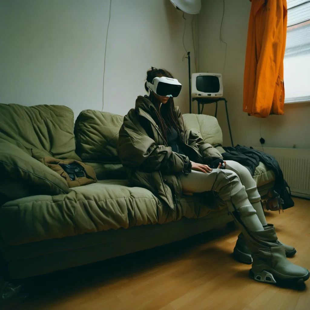 Prompt: <mymodel>woman on couch, vr headset, gloves, cozy clothing, apartment setting, cyberpunk aesthetic