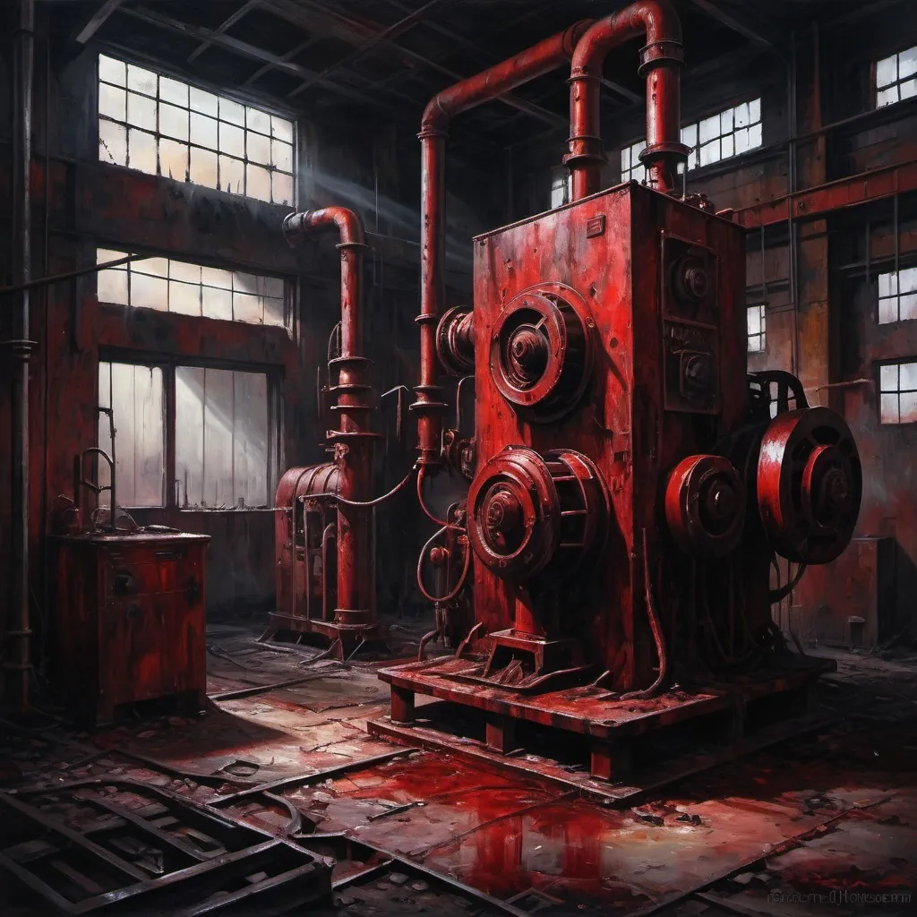 Prompt: Demonic presence in abandoned industrial plant, oil painting, eerie atmosphere, dark shadows, haunting red hues, high contrast, detailed demonic features, decaying machinery, atmospheric lighting, horror, professional, high quality, demonic, eerie, industrial, oil painting, haunting red, detailed shadows