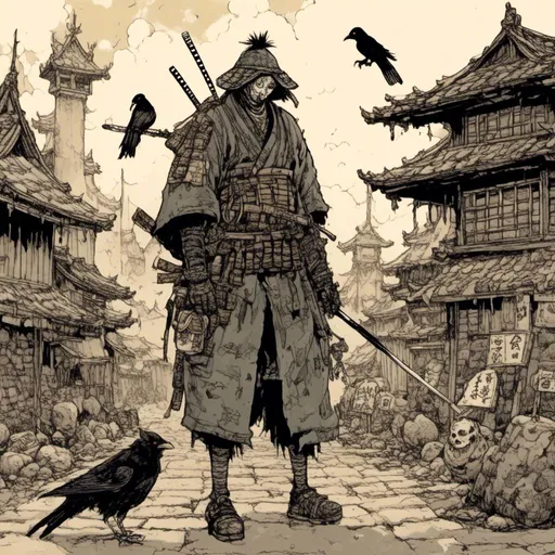 Prompt: modern samurai with a pet crow, village setting, in <mymodel> style