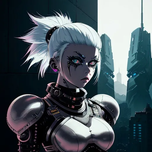 Prompt: Punk rock space warrior girl, lunar landscape, futuristic style, armor with punk rock accessories, edgy white hairstyle, highres, best quality, futuristic, detailed armor, intense expression, edgy hairstyle, professional, futuristic apartment setting