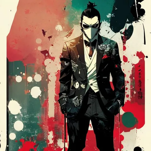 Prompt: cute yakuza boss, young man, full body view, comic style((tokyo ghost, sean murphy)), black mask, suit, cute, highly stylized artstyle, messy abstract background, wide view, digital illustration, ultra hd, extreme long shot, telephoto lens, cute art style, motion blur, wide angle lens, deep depth of field, deep blue color scheme, pastel color scheme
