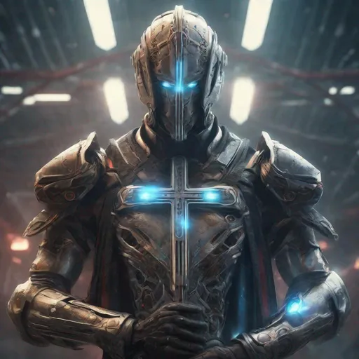 Prompt: realistic templar cyborg in a futuristic arena, glowing cross on chest, energy sword, highres, intricate detail