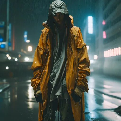 Prompt: <mymodel>sad man standing in the rain, lit up city street, futuristic fashion, cyberpunk aesthetic