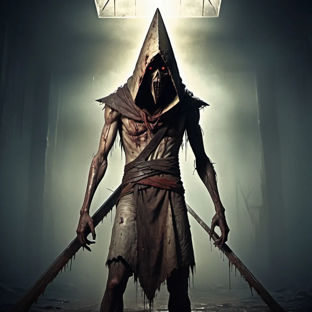 Prompt: Detailed, high-res digital artwork of Pyramid Head, dark and eerie atmosphere, rusty metal textures, horror genre, intense and menacing presence, haunting and unsettling, cool-toned lighting, foggy environment, cinematic quality, horror, intimidating, rusty metal, eerie atmosphere, menacing presence, detailed, atmospheric lighting, foggy, high-res, digital art