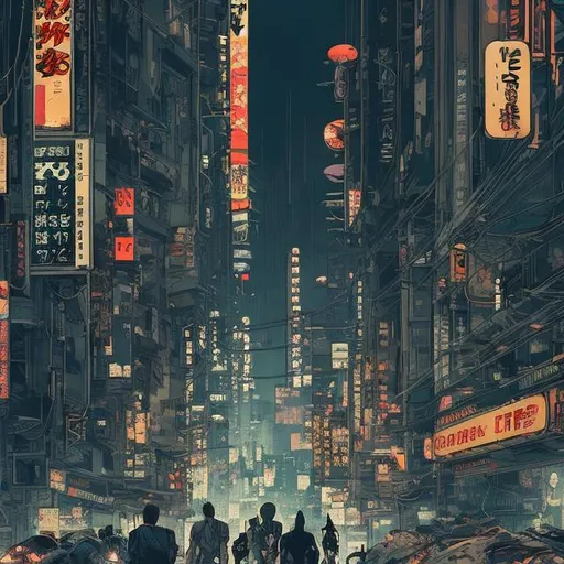 Prompt: a comic book (tokyo ghost, sean murphy) style illustration, highly stylized, cyberpunk cityscape, wide depth of field, wide angle lens, futuristic skyscrapers, bustling urban life, detailed and dynamic perspective, highres, ultra-detailed, comic book style, cyberpunk, wide angle lens, futuristic  bustling streets, highly stylized, dynamic perspective, atmospheric lighting
