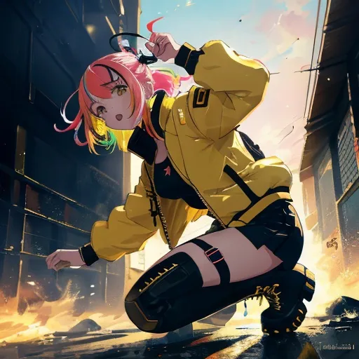 Prompt: an anime inspired painting of a young woman character wearing a puffy yellow bomber jacket, black combat boots, battle scene, outside, war scene, japanese woman, multicolor hair, realistic pose, pastel color scheme, vibrant, 8k resolution, dynamic lighting, intricately detailed, 