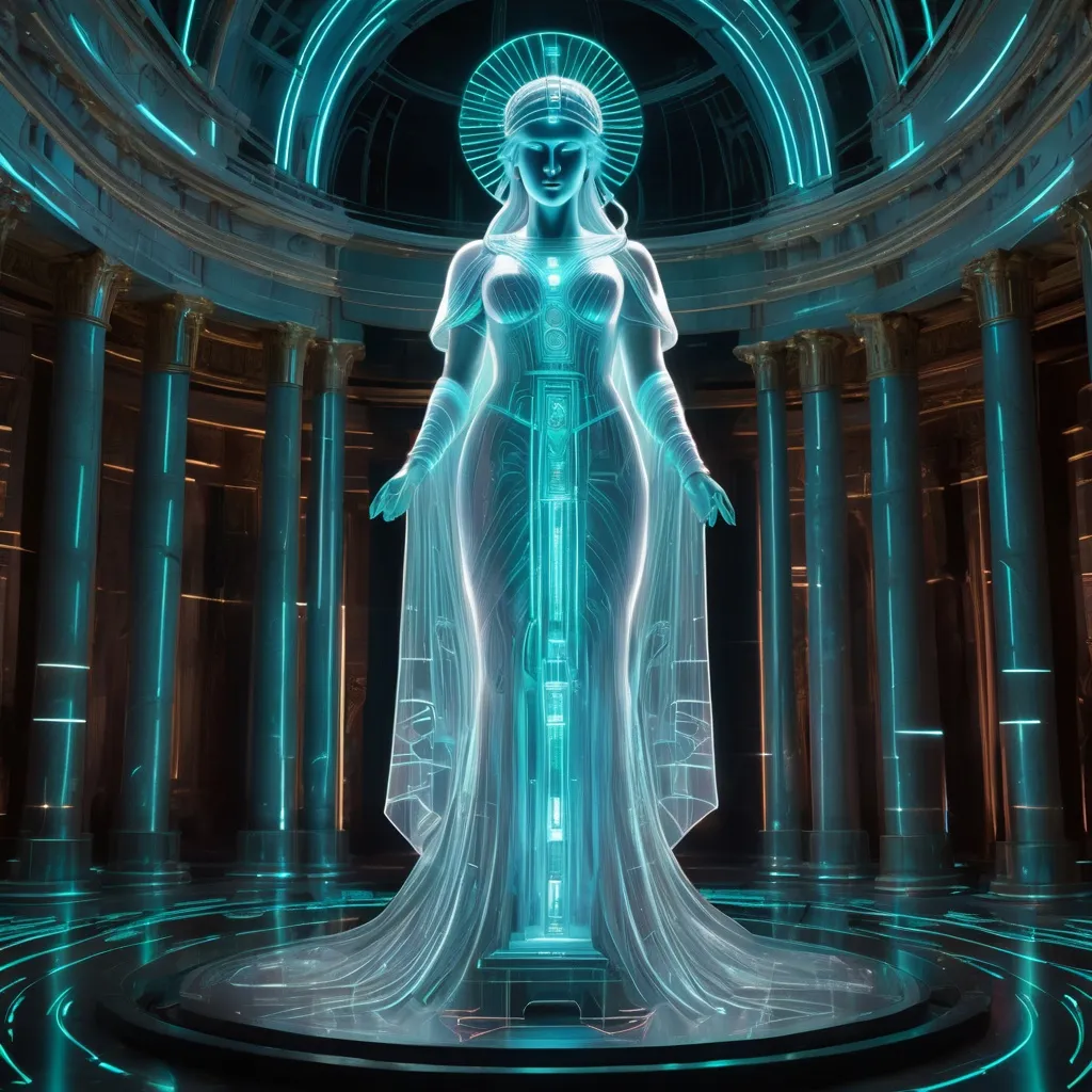 Prompt: aetherel, holographic projection of the Roman goddess Minerva, futuristic, luminescent, cyber-temple setting, fine line