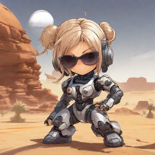 Prompt: chibi manga woman with sunglasses, hair in buns, bio-mech suit, action pose, desert setting
