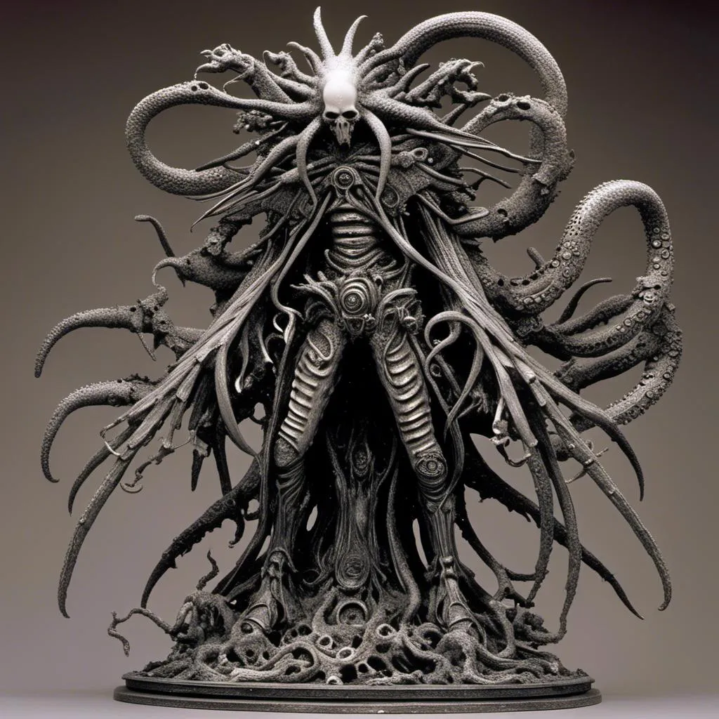 Prompt: <mymodel>Elder god of cruelty, humanoid with cephalopod features, beautiful but horrifying, high quality, detailed, horror, Lovecraftian, cephalopod tentacles, intricate and horrifying beauty, dark and eerie lighting, sinister presence, grotesque elegance, otherworldly, nightmarish, surreal, terrifying beauty, gothic, haunting, quality craftsmanship