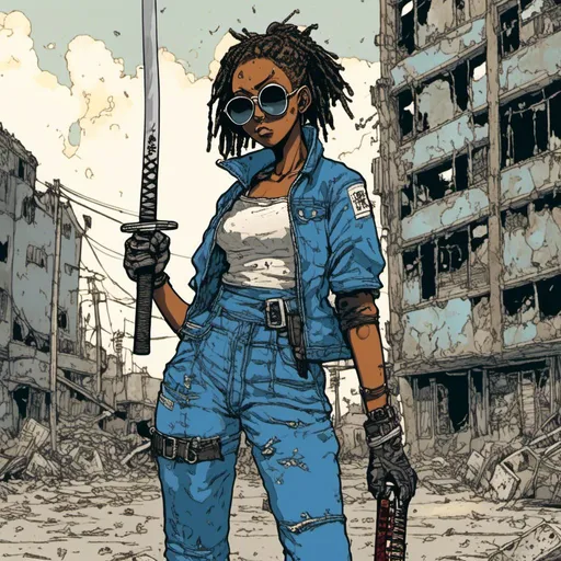 Prompt: young African American woman, wearing a blue jumpsuit, sunglasses, holding a katana, urban background, in <mymodel> style