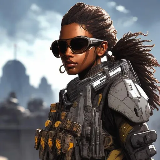 Prompt: Confident brown-skinned woman, Apex Legends character, stylish shades, ammo belt, high quality, ultra-detailed, professional, cool tones, futuristic, intense lighting, detailed facial features, futuristic fashion, intense and focused gaze, futuristic stadium in background, detailed armor