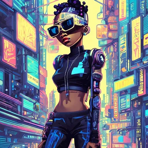 Prompt: full view, full body view, african american, cute girl, anime style, bald, headwrap, sunglasses, suit, highly stylized, highly stylized art style, exaggerated art style, cyberpunk, cute art style, detailed illustration, urban setting, digital art, vivid colors, high contrast, gritty urban, professional artwork