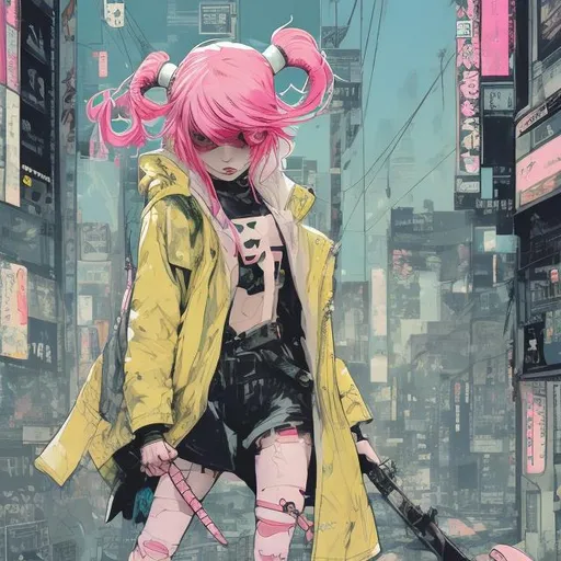 Prompt: illustration of a young woman with pink hair in two pigtails, comic style ((tokyo ghost, sean murphy)), puffy oversized yellow jacket, pastel goth, black combat boots, dynamic pose, detailed, stylized, 3d urban background