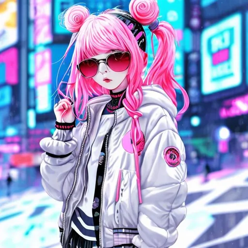 Prompt: wide standing view, full body view, petite 21 year old anime girl, pink hair, two braided pigtails,  sunglasses ((white, oval frame)), puffy bomber jacket, black combat boots, highly stylized artstyle, messy neon tokyo background, wide view, digital illustration, ultra hd, extreme long shot, telephoto lens, motion blur, wide angle lens, deep depth of field, deep blue color scheme, pastel color scheme