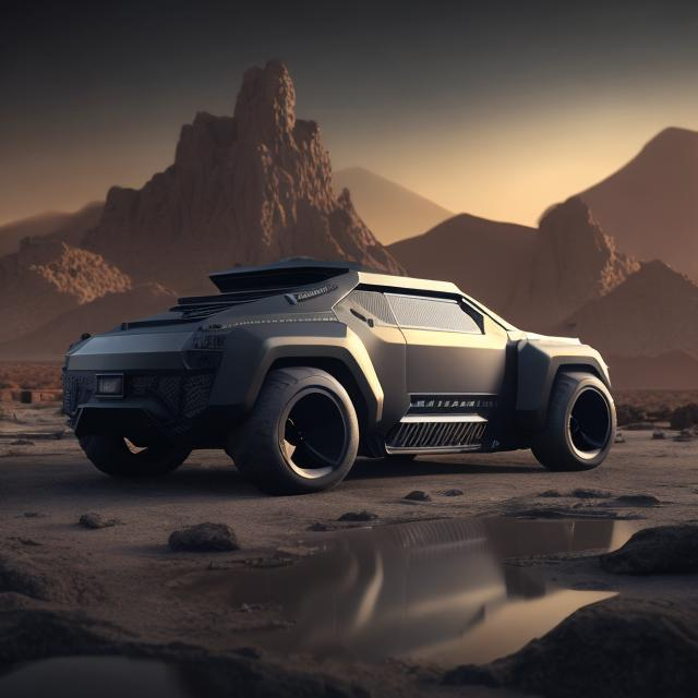 Prompt: Matte black tank muscle car hybrid with solar panels, desert landscape, domed city, highres, detailed, futuristic, sci-fi, dystopian, desert tones, intense lighting, professional rendering