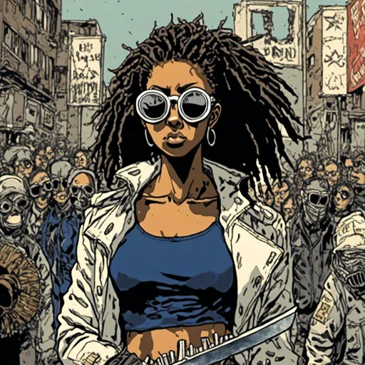 Prompt: young African American woman, wearing a navy blue jumpsuit, oval-shaped white sunglasses, sword, crowded urban background, in <mymodel> style