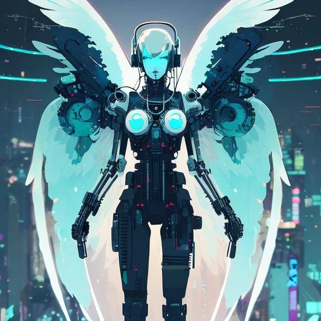 Prompt: ethereal cyberpunk angel, full body view, comic style((tokyo ghost, sean murphy)), vr headset, skeletal form, cute, highly stylized artstyle, messy abstract background, wide view, digital illustration, ultra hd, extreme long shot, telephoto lens, motion blur, wide angle lens, deep depth of field, deep blue color scheme, pastel color scheme