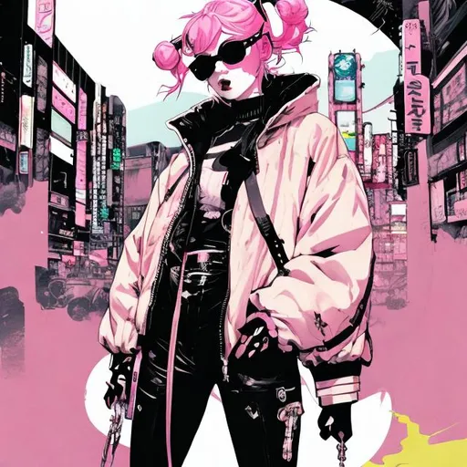 Prompt: illustration of a young woman with pink hair in two pigtails, comic style ((tokyo ghost, sean murphy)), oval shaped sunglasses ((white framed)), puffy oversized yellow jacket, pastel goth, black combat boots, dynamic pose, detailed, stylized, 3d rendered industrial background