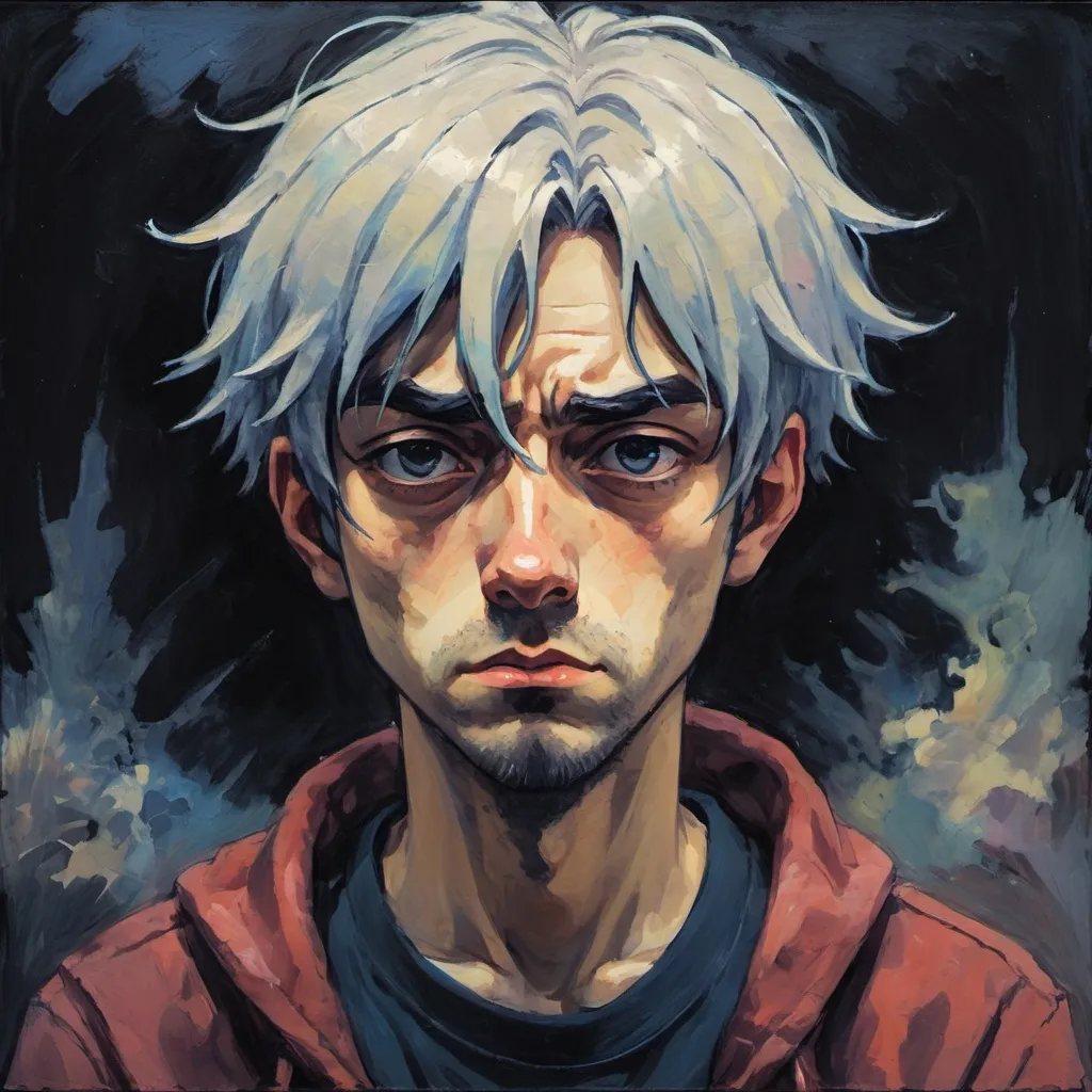 Prompt: vibe-based portrait of a sad anime antihero who is responsible for the end of the world, impressionistic painting