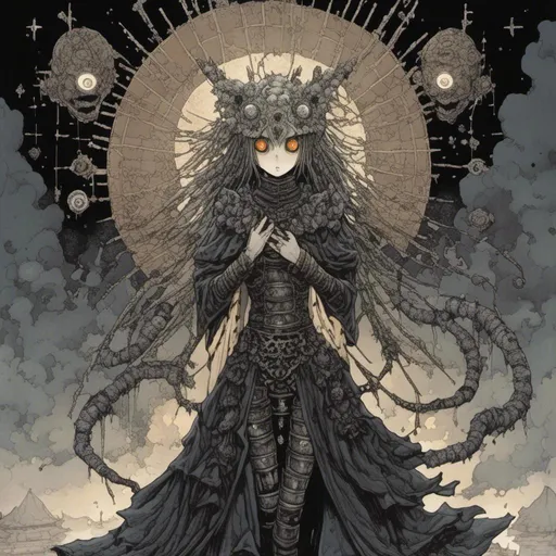 Prompt: <mymodel>Beautiful and ethereal goddess with black and silver robes, glowing eyes, mystical aura, surreal and dreamlike,  dark and mysterious, otherworldly atmosphere, hauntingly elegant, divine presence, high quality, detailed, dark tones