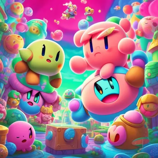 Prompt: Kirby and Link playing video games, vibrant and playful, 3D rendering, colorful environment, cheerful expressions, high quality, vibrant 3D rendering, playful and colorful, detailed environments, cute and charming, detailed character design