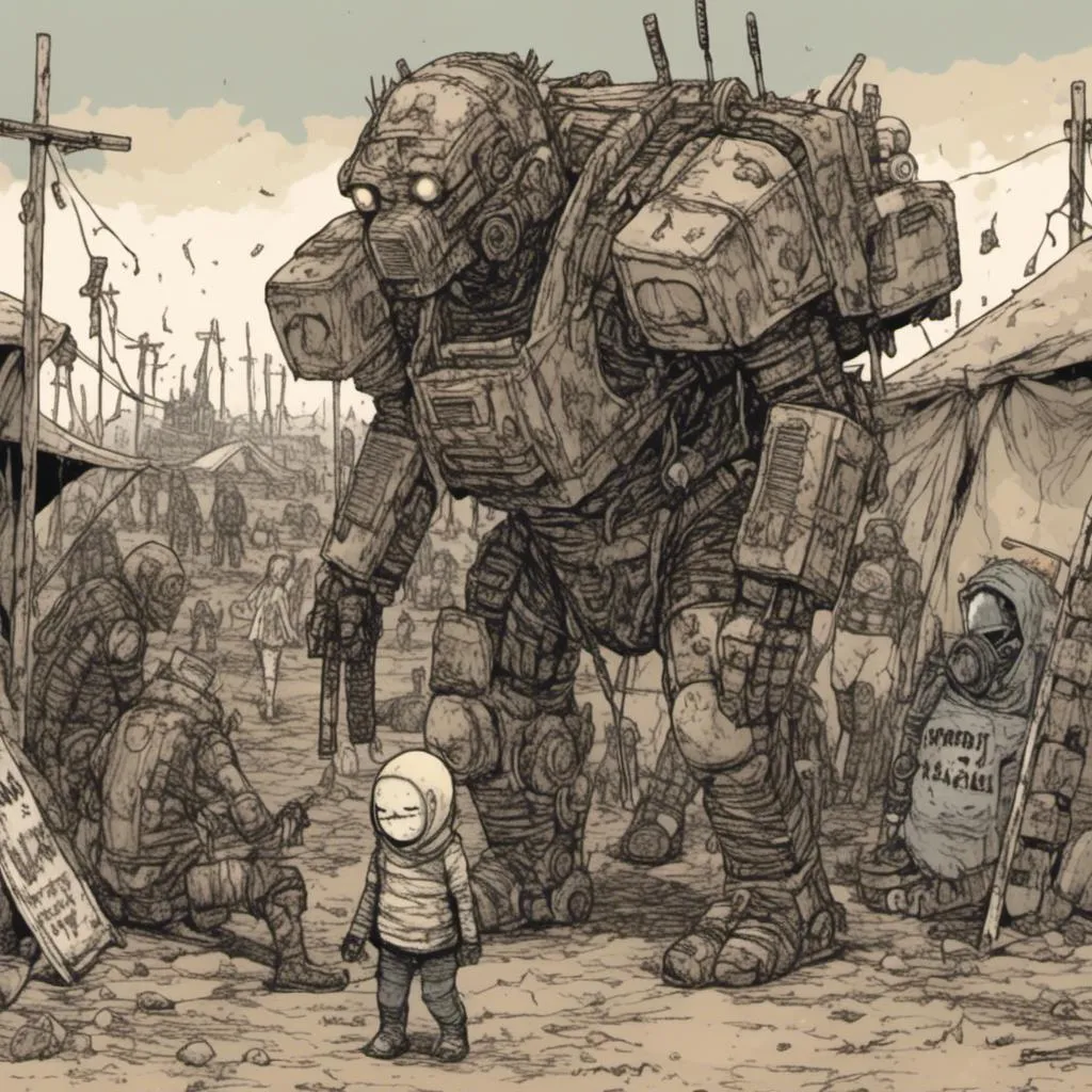 Prompt: mech protecting human baby, tent city in a barren wasteland, in <mymodel> style