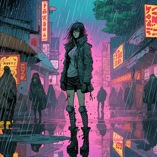 Prompt: <mymodel>sad woman standing in the rain, neon city street, futuristic fashion, cyberpunk aesthetic