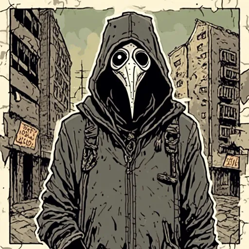 Prompt: tall skinny man wearing a plague doctor mask, wearing a hooded sweatshirt, urban background, in <mymodel> style