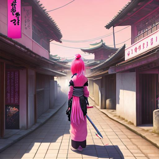 Prompt: a painting of a ronin woman, pink hair, digital art, rural japanese city streets behind her, symmetric matte painting, detailed, atmospheric lighting, highres