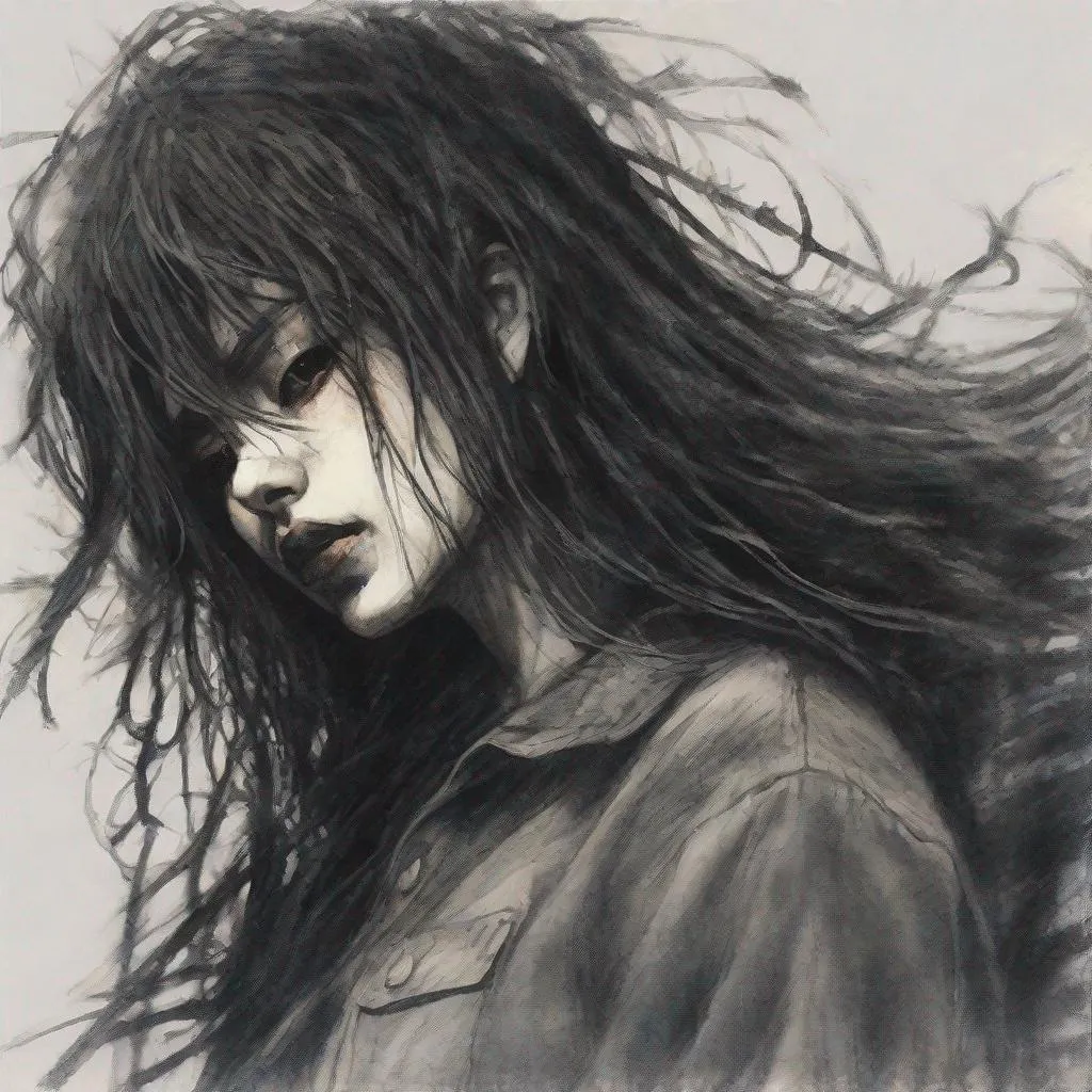 Prompt: illustration of a pitch darkness portrait, mysterious woman, charcoal, dark stringy hair, layers of darkness, subtle touch of color, symbolism, hidden, atmospheric, impressionistic, film noir, art inspired by chainsaw man, art inspired by dorohedoro, art inspired by tokyo ghoul, art inspired by the sandman, art inspired by tokyo ghost, art inspired junji ito

