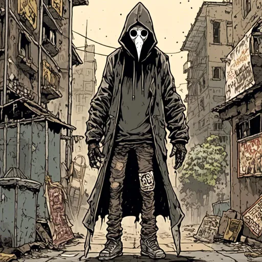 Prompt: tall skinny man wearing a plague doctor mask, wearing a hooded sweatshirt, urban background, in <mymodel> style