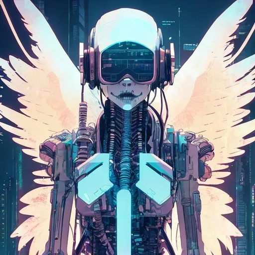 Prompt: illustration of an ethereal cyberpunk angel, comic style ((tokyo ghost, sean murphy)), vr headset, skeletal form, pastel color scheme, ethereal glow, dynamic pose, detailed, stylized