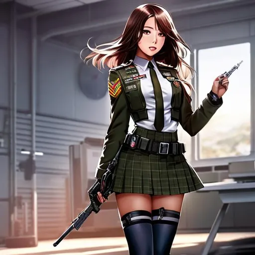 Prompt: full view, full body view, Futuristic military schoolgirl in dynamic pose, best quality, highres, dynamic, futuristic, military schoolgirl, wearing plaid skirt, professional, futuristic setting, dramatic lighting, war background