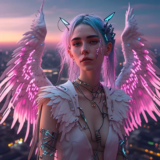 Prompt: Photorealistic cyberpunk illustration of Grimes as an ethereal fantasy angel, Tokyo skyline, mechanical wings, hyperrealism, detailed, Unreal Engine 5, dynamic pose, angelic, futuristic, ethereal, detailed wings, professional, dynamic lighting, highres, ultra-detailed, cyberpunk, Tokyo skyline, surreal, atmospheric, angelic glow, celestial beauty, in <mymodel> artstyle