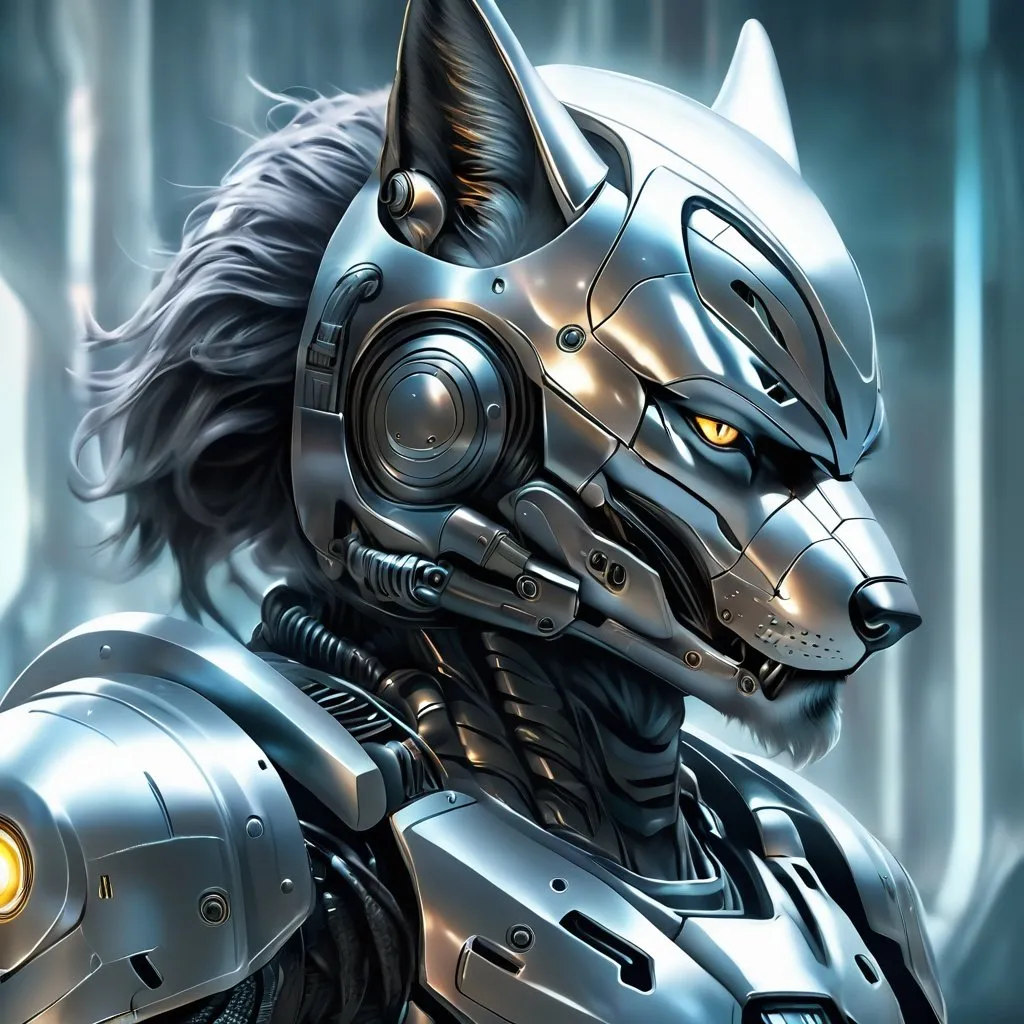 Prompt: Futuristic illustration of a foot soldier, metallic wolf-shaped, sci-fi armor, high-tech weaponry, detailed metallic textures, cool tones, highres, ultra-detailed, sci-fi, futuristic, detailed helmet, high-tech armor, cool tones, atmospheric lighting