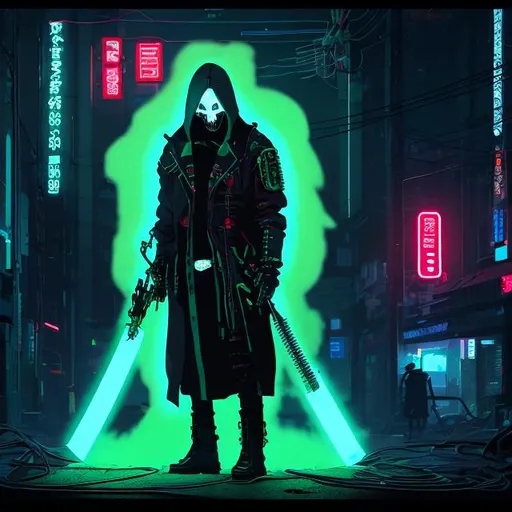 Prompt: illustration of a cyberpunk male grim reaper, full body view, comic style ((tokyo ghost, sean murphy)), skeletal cyborg, technology, wires, cords, green hooded parka, slim, cute, highly stylized artstyle, abstract atmospheric background, wide view, digital illustration, extreme long shot, telephoto lens, cute art style, motion blur, wide angle lens, deep depth of field, pastel color scheme