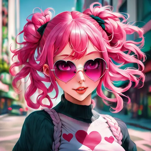 Prompt: anime woman, pink hair with bangs in two braids,wearing heart-shaped sunglasses, dynamic pose, urban setting, cute anime art style