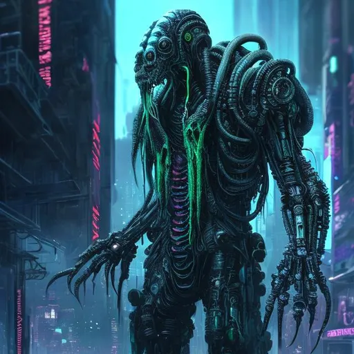 Prompt: humanoid cyberpunk Cthulhu, intense cybernetic enhancements, futuristic urban setting, lovecraftian cyberpunk, advanced technological details, highres, ultra-detailed, cyberpunk, futuristic, imposing figure, urban decay, dramatic lighting