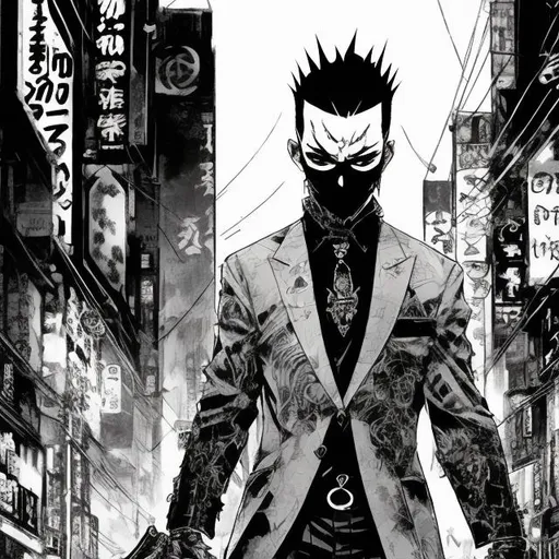 Prompt: goth yakuza boss, comic style ((tokyo ghost, sean murphy)), wearing mask, suit and tie, dynamic pose, detailed, Tokyo background, professional, highly stylized, detailed eyes, city lights, dynamic lighting, vibrant colors