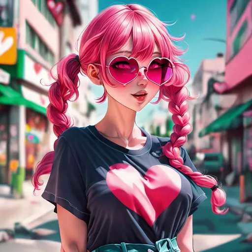 Prompt: anime woman, pink hair with bangs in two braids, heart shaped sunglasses, dynamic pose, urban setting, cute anime art style