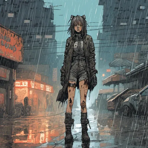 Prompt: <mymodel>sad woman standing in the rain, futuristic fashion, loose sketch art style, cyberpunk aesthetic