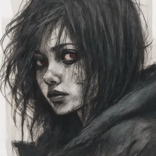 Prompt: illustration of a pitch darkness portrait, mysterious woman, charcoal, dark stringy hair, layers of darkness, subtle touch of color, symbolism, hidden, atmospheric, impressionistic, film noir, art inspired by chainsaw man, art inspired by dorohedoro, art inspired by tokyo ghoul, art inspired by the sandman, art inspired by tokyo ghost, art inspired junji ito

