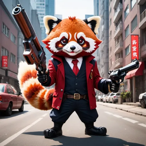Prompt: cute but murderous mascot with large revolver, red panda, city street