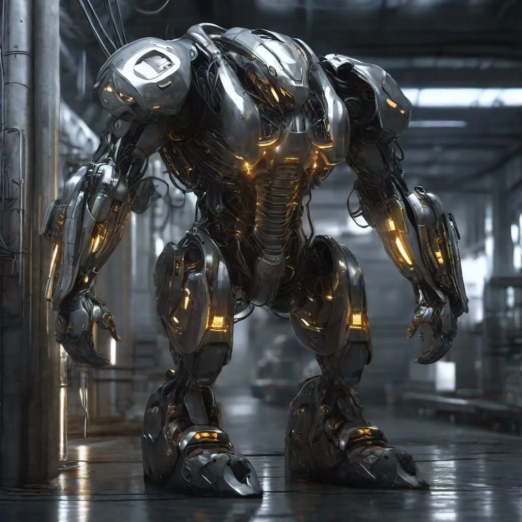 Prompt: photorealistic, liquid metal mech suit, glowing internal core, plastic parts, menacing, futuristic factory setting