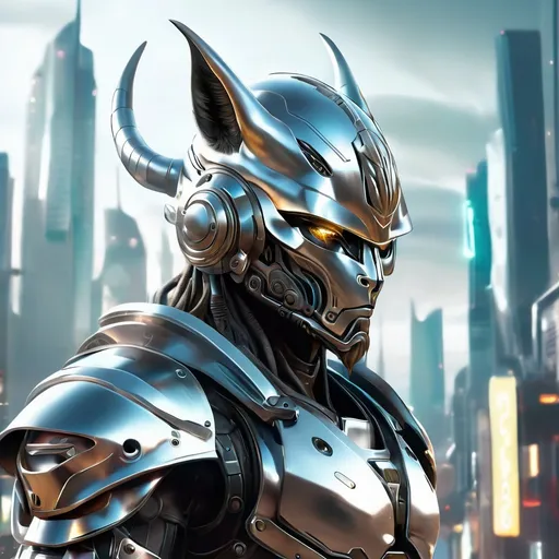 Prompt: Futuristic illustration of a foot soldier, metallic wolf-shaped helmet with large horns, sci-fi armor, intense and focused gaze, high-tech weaponry, detailed metallic textures, cool tones, futuristic cityscape in the background, highres, ultra-detailed, sci-fi, futuristic, detailed helmet, high-tech armor, cool tones, atmospheric lighting
