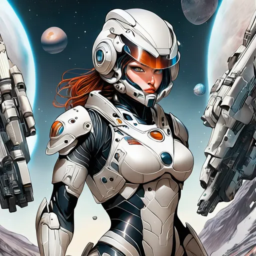 Prompt: science fiction character, female, space warrior, armor, helmet with visor, manga style, fine line art style, science fiction setting, influenced by video game((destiny))