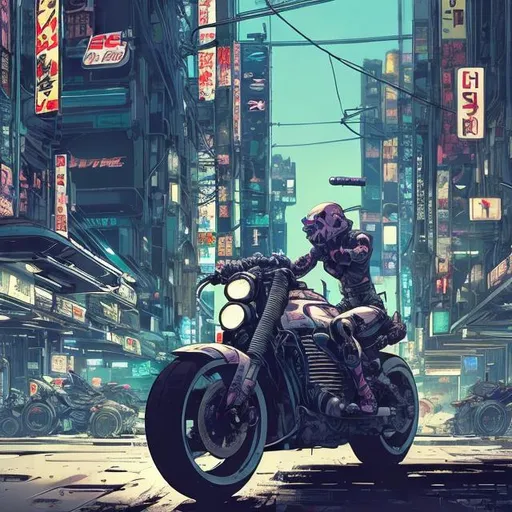 Prompt: a comic book (tokyo ghost, sean murphy) style of a futuristic motorcycle being ridden down a street in a cyberpunk city, illustration, highly stylized, cyberpunk cityscape, futuristic motorcycle, wide depth of field, wide angle lens, futuristic skyscrapers, bustling urban life, detailed and dynamic perspective, highres, ultra-detailed, comic book style, cyberpunk, wide angle lens, futuristic  bustling streets, highly stylized, dynamic perspective, atmospheric lighting