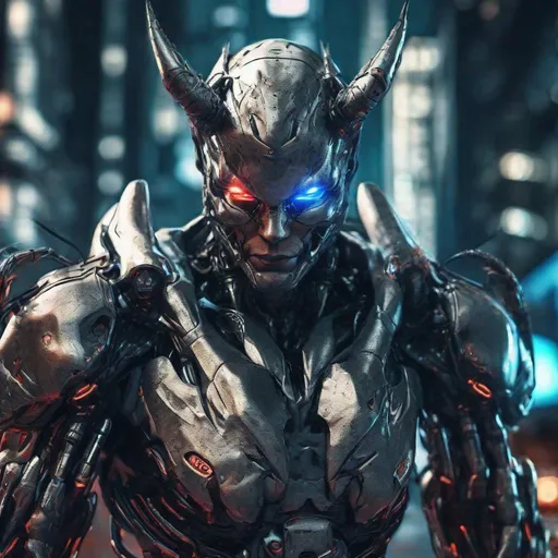 Prompt: Cyborg warrior with devil-shaped armor, metallic sheen, futuristic urban setting, intense and focused gaze, high-tech details, detailed metallic textures, cybernetic enhancements, cool tones, atmospheric lighting, best quality, ultra-detailed, sci-fi, cyberpunk, devilshaped armor, futuristic, intense gaze, high-tech details