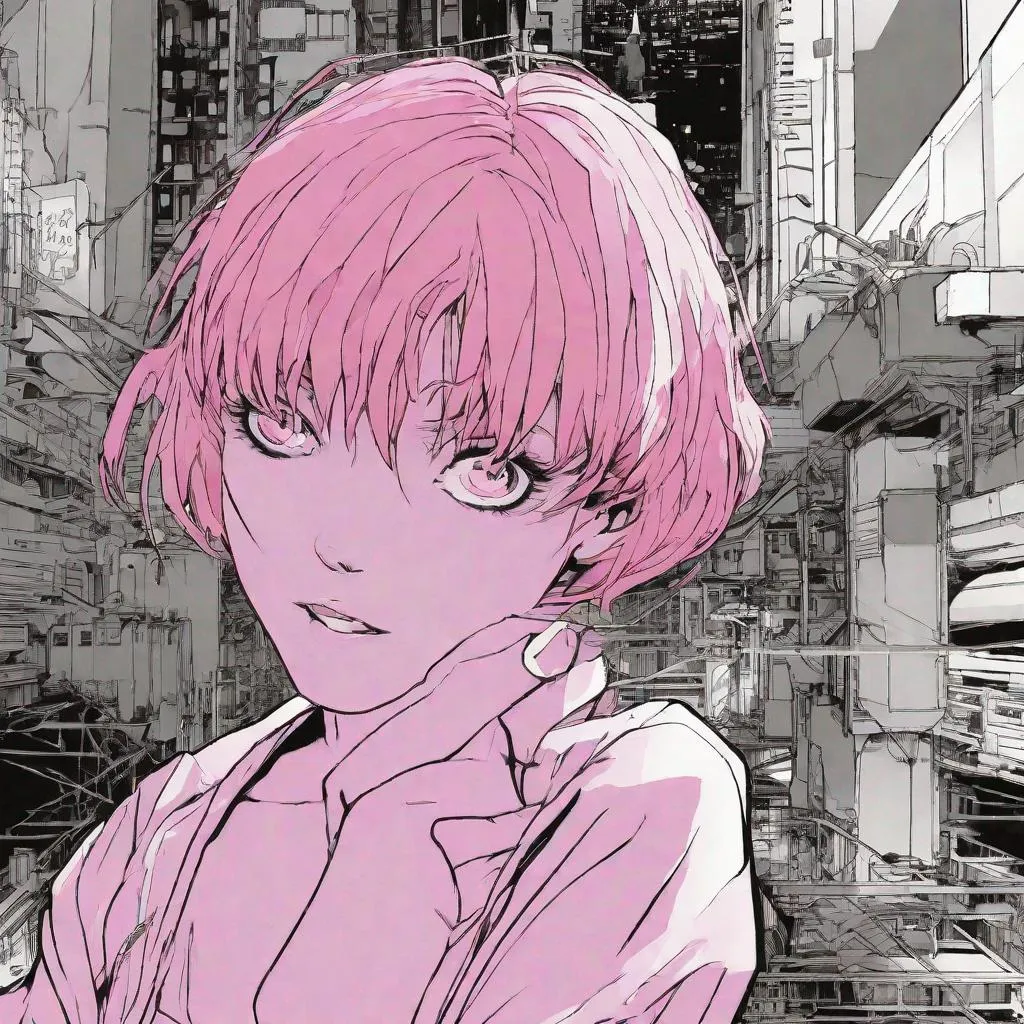 Prompt: fine line manga illustration, woman with pink hair, neon genesis evangelion