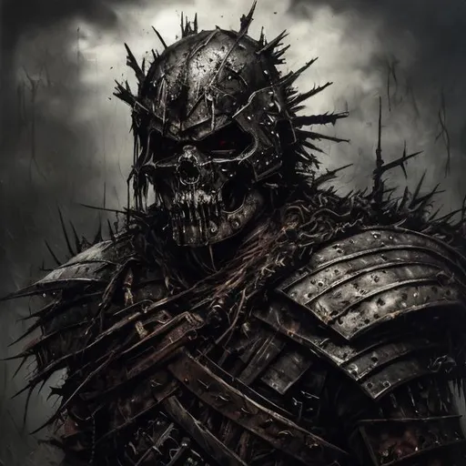 Prompt: Corrupted warrior, once noble, dark and gritty, oil painting, sinister atmosphere, intense gaze, worn armor, menacing aura, moody lighting, high contrast, detailed war paint, dramatic shadows, rough texture, high quality, oil painting, dark and gritty, intense gaze, menacing aura, moody lighting